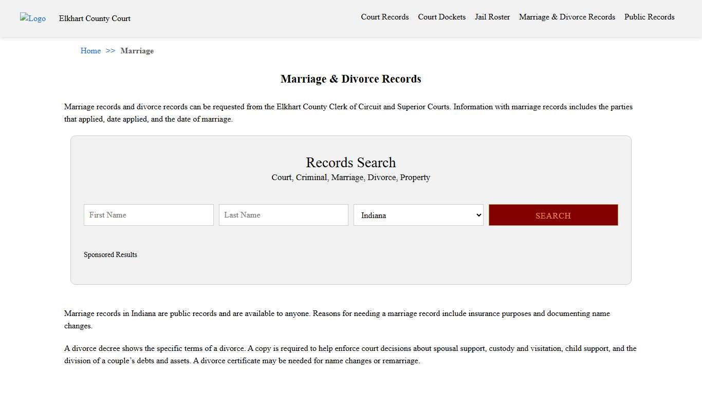 Marriage & Divorce Records | Elkhart County Court